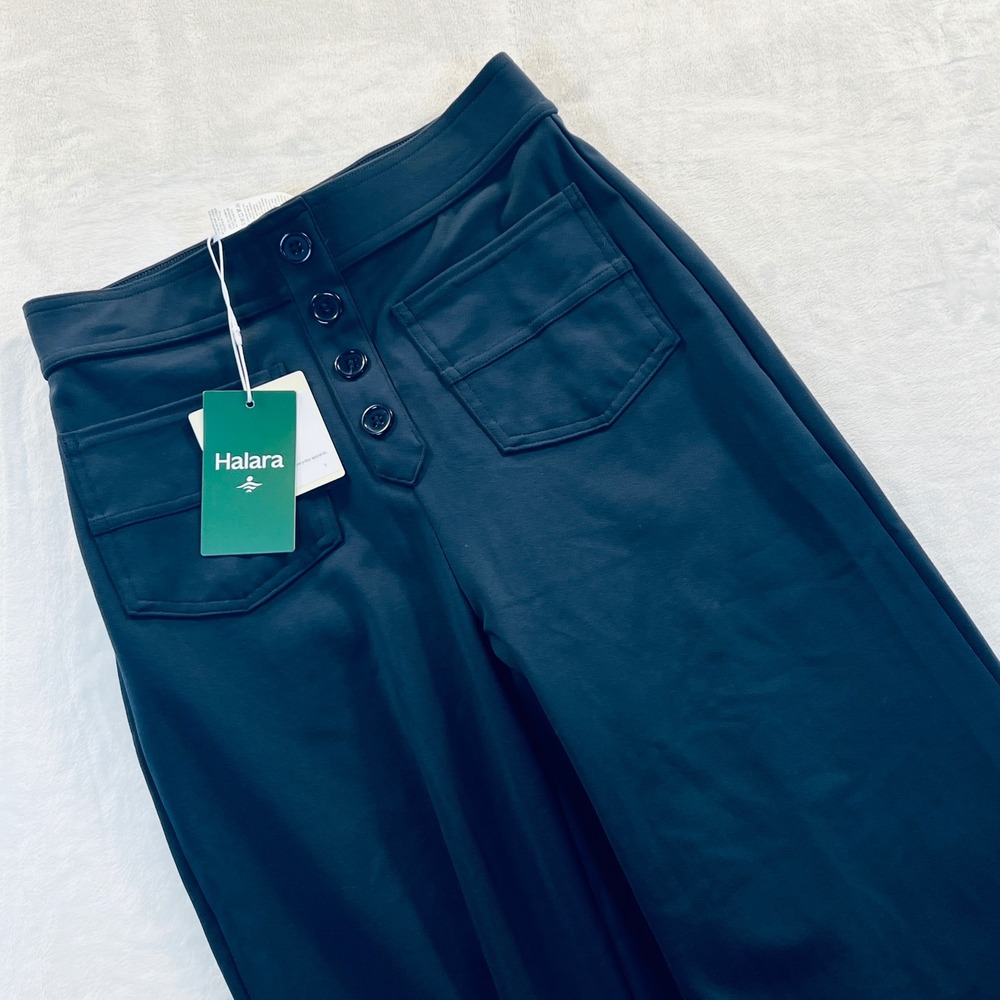 Halara Navy Blue High Waisted Wide Leg Button Patch Pocket Stretch Work Pants XS